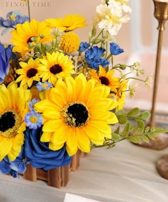 Product: TINGE TIME Wedding Centerpiece Flower with Basket, Set of 2 Large Artificial Flowers Floral Arrangement for Tabletop Mantel Archway Aisle (Sunflower & RoyalBlue)