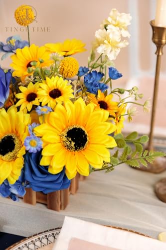 Product: TINGE TIME Wedding Centerpiece Flower with Basket, Set of 2 Large Artificial Flowers Floral Arrangement for Tabletop Mantel Archway Aisle (Sunflower & RoyalBlue)