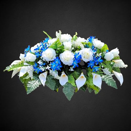 Product: Cream Calla Lilies Headstone Saddle, Roses Royal Blue Filler Grave Flowers for Perfect Cemetery Decoration Garland for Table Centerpiece Holiday Party Weddi