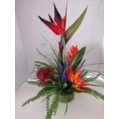 Product: Medium Bird of Paradise On Disc Tropical Table Centerpiece Red Artificial Flowers