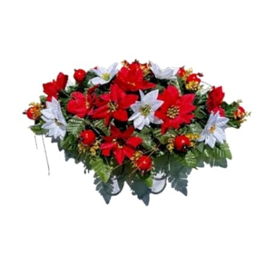 Product: Jucgghk Vivid and Realistic Floral Art Christmas Headstone Saddle Arrangement,Red and White Christmas 22”-24” Cemetery Single Saddle, Headstone Flower for Outdoor Grave Decorations