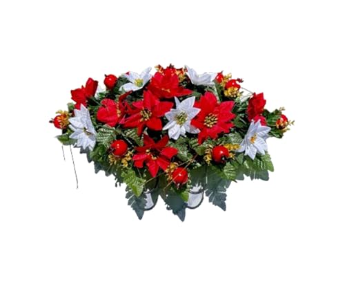 Product: Jucgghk Vivid and Realistic Floral Art Christmas Headstone Saddle Arrangement,Red and White Christmas 22”-24” Cemetery Single Saddle, Headstone Flower for Outdoor Grave Decorations