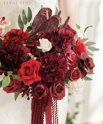 Silky Flower Store Burgundy Artificial Wedding Bouquet, Bride Bridal Bouquet, Faux Flowers, Romantic Vintage Ceremony Decor, 11 Inch 15 15 Product: TINGE TIME 11 Inch Wedding Bouquets for Bride, Burgundy Artificial Flowers Bouquet, Brides & Bridesmaids Bouquet Tossing Bouquet for Wedding Anniversary Ceremony Bridal Shower Decorations