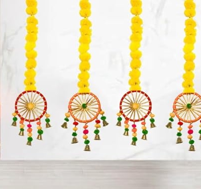 Product: MANTRAMART Artificial Marigold Flower Garlands with Pom Pom and Bell – Pack of 4 – Hanging Floral Decoration for Home, Festival, Diwali, Wedding, Pooja & Event Use
