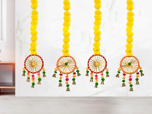 Product: MANTRAMART Artificial Marigold Flower Garlands with Pom Pom and Bell – Pack of 4 – Hanging Floral Decoration for Home, Festival, Diwali, Wedding, Pooja & Event Use