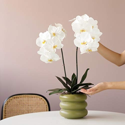 Product: Artificial Orchid Flower with Ceramics Vase Set White Phalaenopsis Flower Faux Orchid Faked Flowers Potted Plants, 23.6" H Table Centerpiece Office Wedding Party Decoration