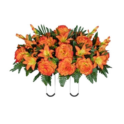 Product: Sympathy Silks 30" Headstone Flower Saddle Artificial Cemetery Flowers - Gravesite Flowers - Sunrise Gladiolus Roses, Lilies