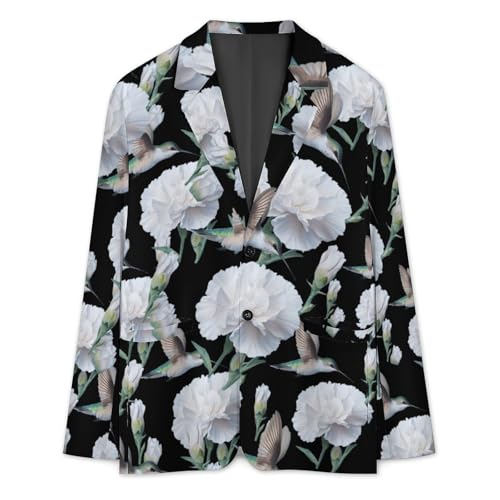 Product: Hummingbird White Carnation Flower Men's Slim Suit Long-Sleeve Prom Tuxedo Classic Two Button Business Jacket XL