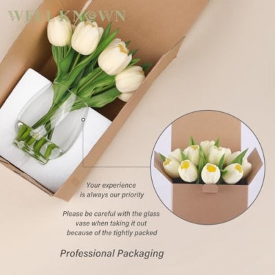 Product: WELL KNOWN 12 Pcs Tulips Artificial Flowers in Vase, Real Touch Tulips with Vase with Upgrate Acrylic Water Flower Arrangements Centerpiece for Dining Room Table Decoration（Cream）