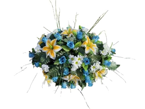 Product: Jucgghk Vivid and Realistic Floral Art 24" Artificial Cemetery Flowers Saddle,Cemetery Grave Decoration Headstone Flower for Outdoor Grave Decorations (Yellow Blue)