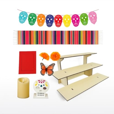 Product: SmoothNovelty 89 Pcs Day of The Dead Decorations 9 Mexican Papel Picado 1 Table Runner 50 Marigold Flower Heads 10 Butterflies 6 LED Candles 1 Display Stand 10 Paper Frames 2 Wood Skull Signs