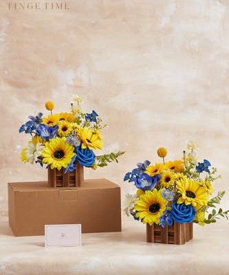 Product: TINGE TIME Wedding Centerpiece Flower with Basket, Set of 2 Large Artificial Flowers Floral Arrangement for Tabletop Mantel Archway Aisle (Sunflower & RoyalBlue)