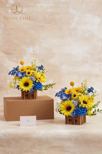 Product: TINGE TIME Wedding Centerpiece Flower with Basket, Set of 2 Large Artificial Flowers Floral Arrangement for Tabletop Mantel Archway Aisle (Sunflower & RoyalBlue)