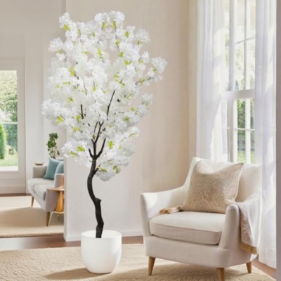 Silky Flower Store Artificial Cherry Blossom Tree White Flower Faux Tree Indoor Decor, 6 FT 8 8 Product: Artificial Cherry Blossom Tree White Flower Faux Tree Indoor Cherry Blossom Tree 6 FT Room Decor Gift