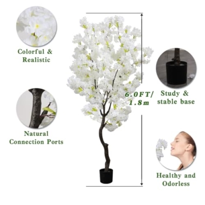 Silky Flower Store Artificial Cherry Blossom Tree White Flower Faux Tree Indoor Decor, 6 FT 11 11 Product: Artificial Cherry Blossom Tree White Flower Faux Tree Indoor Cherry Blossom Tree 6 FT Room Decor Gift