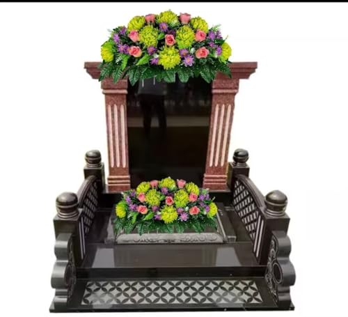 Product: Jucgghk Vivid and Realistic Floral Art Lime Green Mum with Pink Roses and Lavender Daisies Cemetery Saddle, Mothers Day Cemetery Headstone Saddle