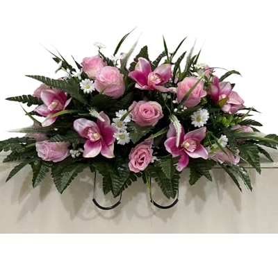 Silky Flower Store Artificial Memorial Flower Saddle, Rose Orchid Cemetery Saddle, Outdoor Headstone Flowers, 32x18x14in 6 6 Product: Jucgghk Vivid and Realistic Floral Art Rose and Orchid Cemetery Saddle,Spring Cemetery Flowers ,Headstone Flowers for Cemetery Outdoor Memorial Day