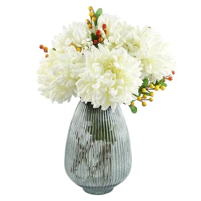 Silky Flower Store Artificial White Chrysanthemum Stem, Leaf Design Faux Silk Flower, Oversized Reflex Bloom, 75cm 9 9 Product: Leaf Design Artificial Chrysanthemum Stem Flowers