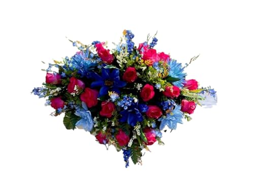 Product: Jucgghk Vivid and Realistic Floral Art Pink and Blues Cemetery Headstone Flower Saddle,Artificial Rose Cemetery Memorial Flowers for Outdoor Tombstone Headstone Decorations