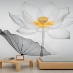 Product: Ink Lotus Mural Retro Zen Lotus Mural Transparent Floral Art Wall Murals Simple Flower Botanical Wallpaper for Bedroom Not Peel and Stick Murals for Living Room 78.7" x 55.2"