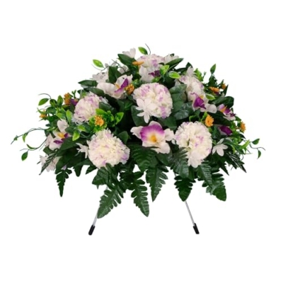 Product: Jucgghk Vivid and Realistic Floral Art White and Purple Cemetery Saddle, Spring and Summer Cemetery Flower Arrangement,Artificial Cemetery Flowers for Headstone