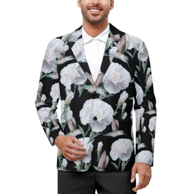 Product: Hummingbird White Carnation Flower Men's Slim Suit Long-Sleeve Prom Tuxedo Classic Two Button Business Jacket XL