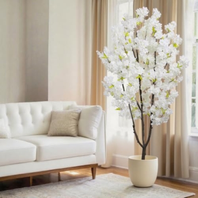 Product: White Faux Cherry Blossom Tree Artificial Tree Decor 5.9 FT Tall Cherry Blossom Tree Indoor for Home Decor Gift for Women Birthday Wedding Decoration