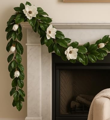 Product: Serene Spaces Living Artificial Magnolia Leaf Garland and Wreath, Ideal to Hang at Wedding, Store Display, Window Sill, Fall Decor, Holiday Décor (72" Magnolia Garland with White Blooms - 2pcs)
