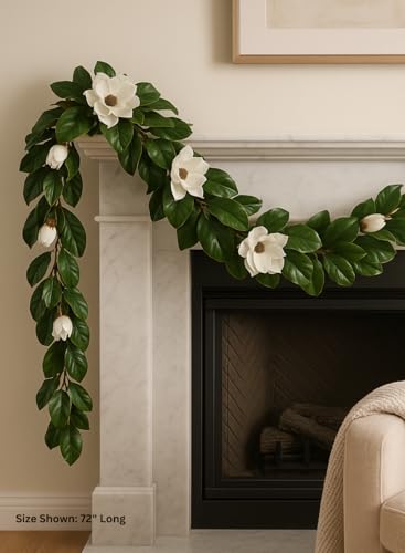 Product: Serene Spaces Living Artificial Magnolia Leaf Garland and Wreath, Ideal to Hang at Wedding, Store Display, Window Sill, Fall Decor, Holiday Décor (72" Magnolia Garland with White Blooms - 2pcs)