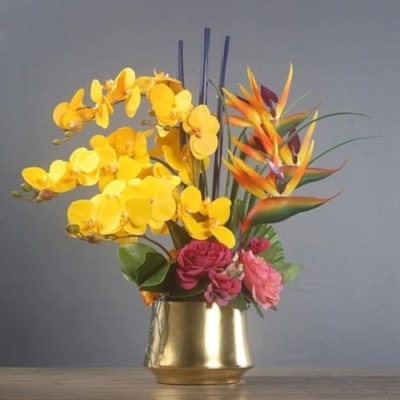 Silky Flower Store Artificial Orchid Flower Arrangement, Real Touch Latex Geel Flowers, Gold Ceramic Vase, 55cm 14 14 Product: Artificial Orchid Flower Arrangement with Vase – Real Touch Latex Geel Flowers in Gold Ceramic Pot, 55cm