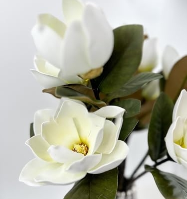 Silky Flower Store White Real Touch Magnolia Stem, 3 Heads Artificial Flower Wedding Home Decor, 30in 10 10 Product: 3PCS White Real Touch 3 Heads Magnolia Stem,30" Realistic Artificial Flower for Wedding Table DIY Floral Arrangement Party Home Decor(NO VASE) for Wedding/Home Decoration