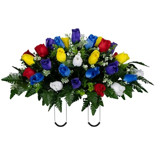Product: Jucgghk Vivid and Realistic Floral Art Multi Color Rose Bud Cemetery Saddle and Flower Arrangement Set,Artificial 1 Saddle and 2 Bouquets for Gravesite(NO VASE)