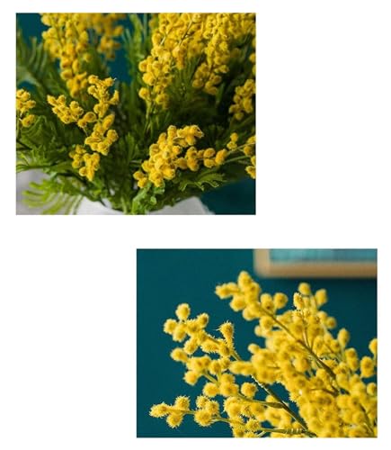 Product: GTEFSWS Artificial Flowers Fake Flower Artificial Yellow Acacia Flowers Mimosa Plush Silk Flower Fake Flower Vase Set Home Wedding Party Table Decor(Frosted Vase+Flower)