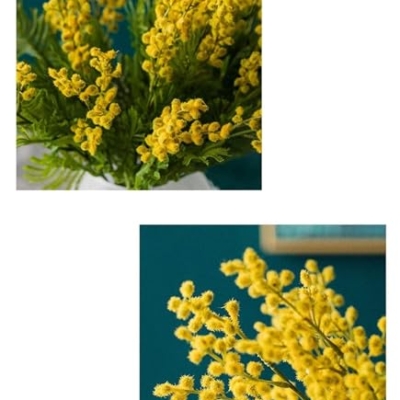 Product: Fake Flower Fake Flower Artificial Yellow Acacia Flowers Mimosa Plush Silk Flower Fake Flower Vase Set Home Wedding Party Table Weddin(A Vase+flower)