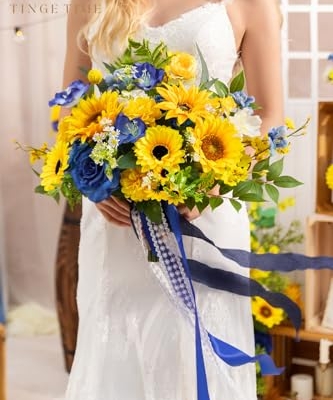 Product: TINGE TIME 13 InchWedding Bouquets for Bride,Bridal Bouquet for Bride, Artificial Silk Sunflowers for Graduation Bouquet, Fake Flowers for Wedding Ceremony and Anniversary (Sunflower&RoyalBlue)