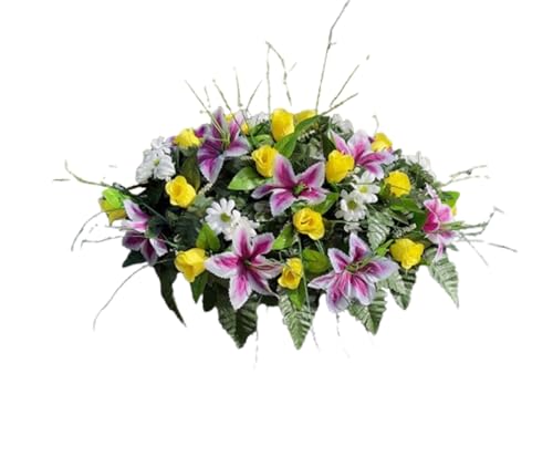 Product: Jucgghk Vivid and Realistic Floral Art Artificial Cemetery Flowers Saddle,Cemetery Grave Decoration Headstone Flower for Outdoor Grave Decorations (Purple White)