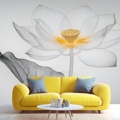Product: Ink Lotus Mural Retro Zen Lotus Mural Transparent Floral Art Wall Murals Simple Flower Botanical Wallpaper for Bedroom Not Peel and Stick Murals for Living Room 78.7" x 55.2"