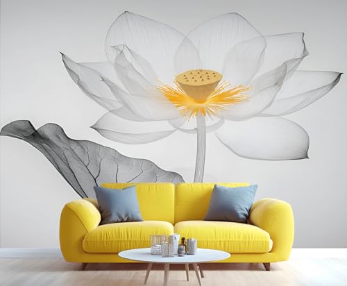 Product: Ink Lotus Mural Retro Zen Lotus Mural Transparent Floral Art Wall Murals Simple Flower Botanical Wallpaper for Bedroom Not Peel and Stick Murals for Living Room 78.7" x 55.2"