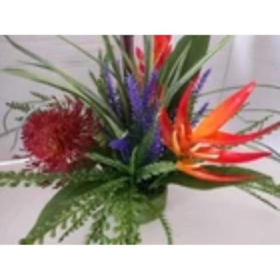 Product: Medium Bird of Paradise On Disc Tropical Table Centerpiece Red Artificial Flowers