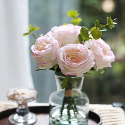 Product: Bucoke Rose Artificial Flowers in vase, Vivid Faux Rose Flowers Arrangements, Austin Rose Centerpieces for Tables, Flower Ornaments and Flower Arts for Living Room (Champagne)