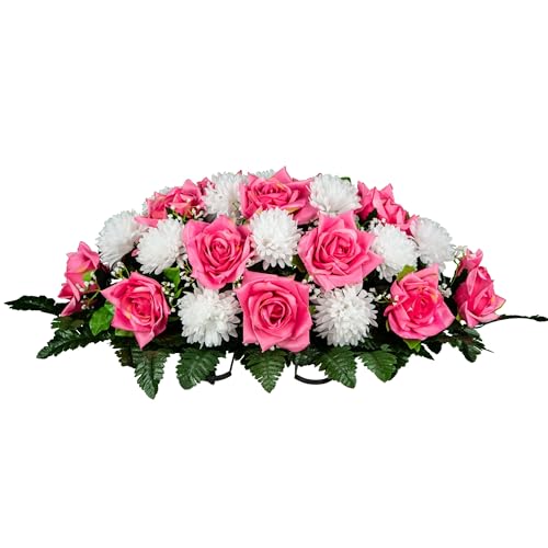Jucgghk Vivid and Realistic Floral Art Beauty Pink Open Rose and White Mum Cemetery Saddle,Mothers Day Headstone Saddle,Cemetery Flower Arrangement for Grave - Artificial Flower Arrangements Product: Jucgghk Vivid and Realistic Floral Art Beauty Pink Open Rose and White Mum Cemetery Saddle,Mothers Day Headstone Saddle,Cemetery Flower Arrangement for Grave