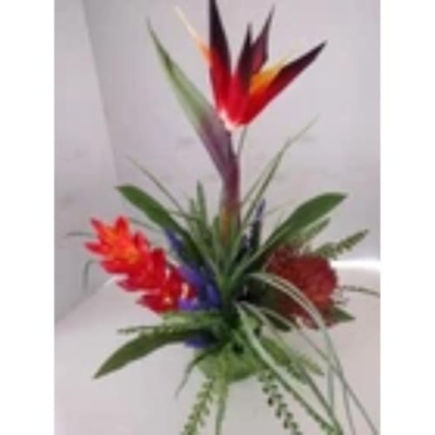Product: Medium Bird of Paradise On Disc Tropical Table Centerpiece Red Artificial Flowers