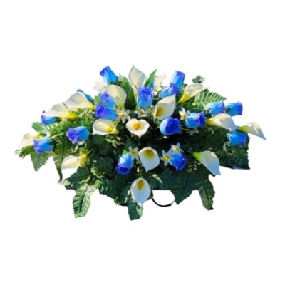 Product: Baby Blue Rosebuds Headstone Saddle and Cemetery Cone, Cream Calla Lilies Silk Grave Flowers for Commemorating Cemetery Garland for Table Centerpiece Holiday Party Weddi