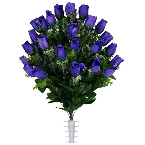 Product: Jucgghk Vivid and Realistic Floral Art Purple Rose Bud Cemetery Saddle and Flower Arrangement Set, 1 Saddle and 2 Bouquets for Grave Tombstone Decorations(NO VASE)