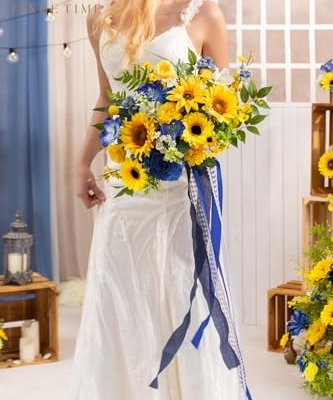Product: TINGE TIME 13 InchWedding Bouquets for Bride,Bridal Bouquet for Bride, Artificial Silk Sunflowers for Graduation Bouquet, Fake Flowers for Wedding Ceremony and Anniversary (Sunflower&RoyalBlue)