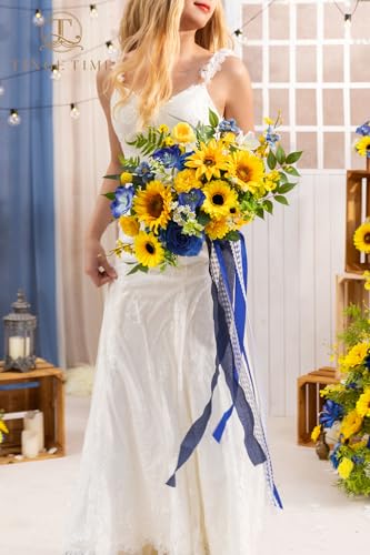 Product: TINGE TIME 13 InchWedding Bouquets for Bride,Bridal Bouquet for Bride, Artificial Silk Sunflowers for Graduation Bouquet, Fake Flowers for Wedding Ceremony and Anniversary (Sunflower&RoyalBlue)