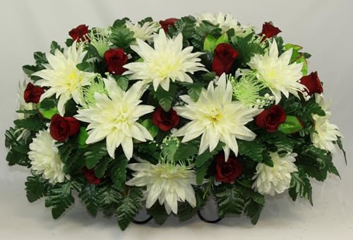 Product: Hshan Cream White Mixture Cemetery Saddle Arrangement, Beautiful Cemetery Flowers for Remembrance Headstone Graves Memorial Day Tombstone