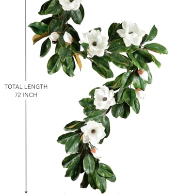Product: Serene Spaces Living Artificial Magnolia Leaf Garland and Wreath, Ideal to Hang at Wedding, Store Display, Window Sill, Fall Decor, Holiday Décor (72" Magnolia Garland with White Blooms - 2pcs)
