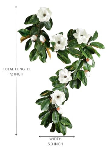 Product: Serene Spaces Living Artificial Magnolia Leaf Garland and Wreath, Ideal to Hang at Wedding, Store Display, Window Sill, Fall Decor, Holiday Décor (72" Magnolia Garland with White Blooms - 2pcs)