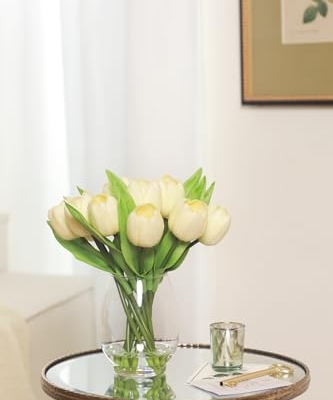 Product: WELL KNOWN 12 Pcs Tulips Artificial Flowers in Vase, Real Touch Tulips with Vase with Upgrate Acrylic Water Flower Arrangements Centerpiece for Dining Room Table Decoration（Cream）